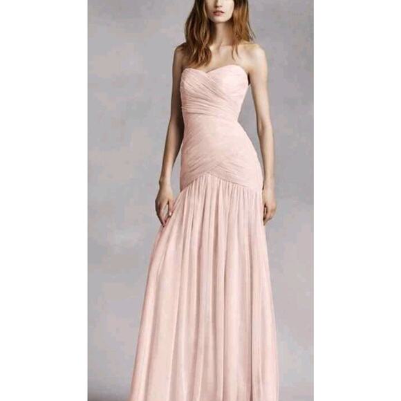 White By Vera Wang Blush Pink Strapless Bobbin Net Bridesmaid Dress Gown 10 Long - Picture 1 of 13